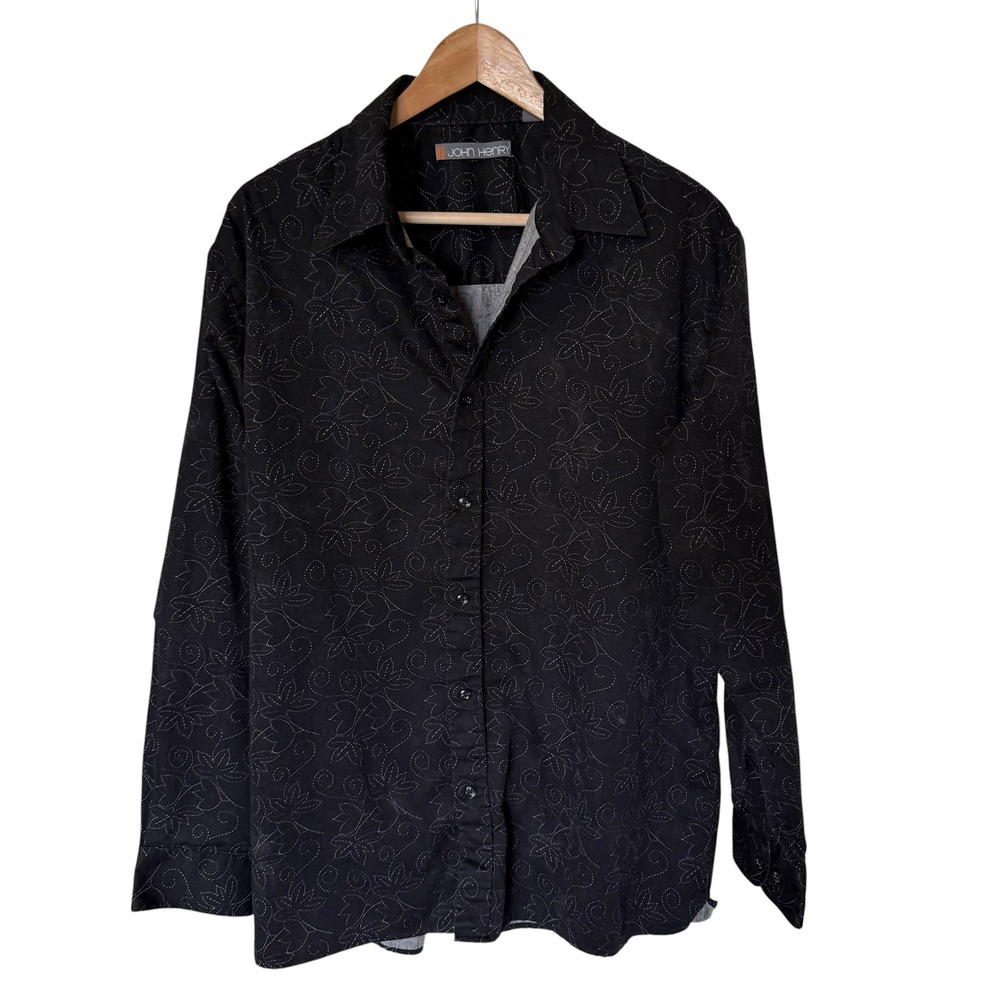 John Henry Button Down Shirt Mens XL Black Good Stitched Floral Long‎ Sleeve